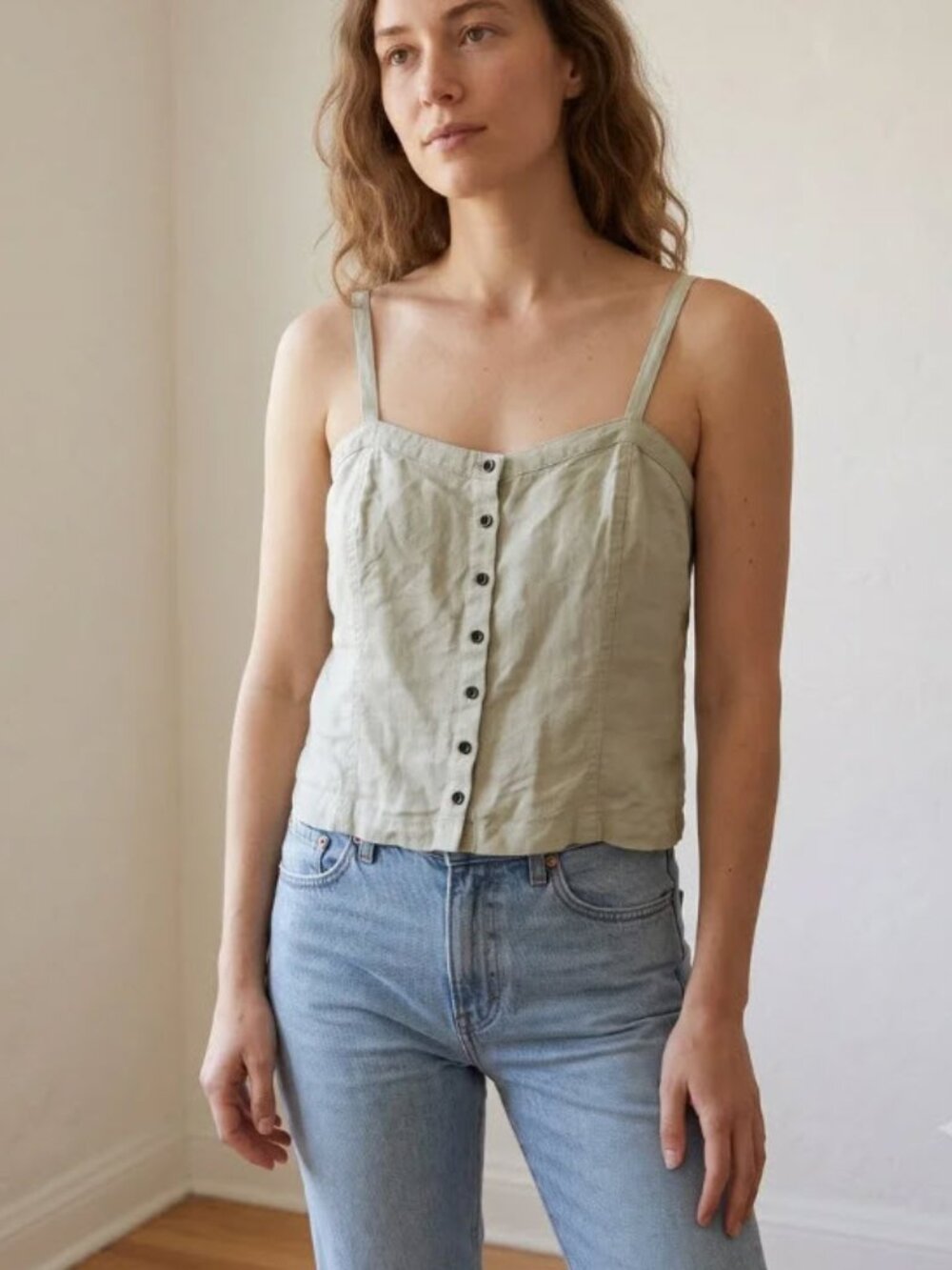 Everlane Womens Picnic Top 4 Sage Green Button Front Linen Cami Minimalist